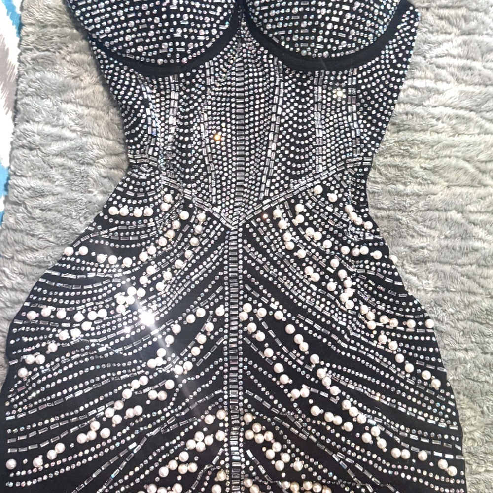 Fashion Nova Black Silver Embellished Strapless Dress